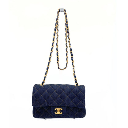 Denim Quilted Mini Rectangular Flap Dark Blue