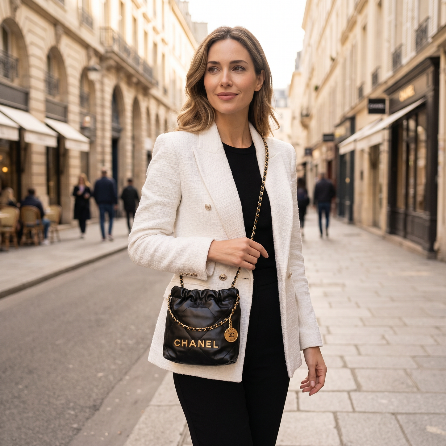 Black Calfskin Quilted Mini 22 Hobo Bag Aged Gold Hardware