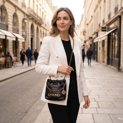 Black Calfskin Quilted Mini 22 Hobo Bag Aged Gold Hardware