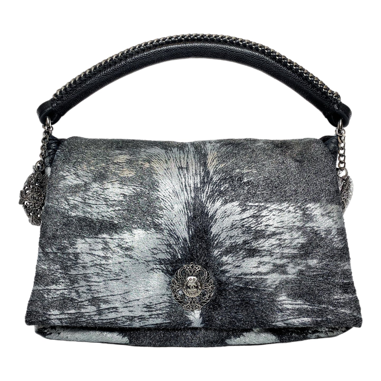 Chanel Metallic Black Gray Pony Hair Top Handle Bag