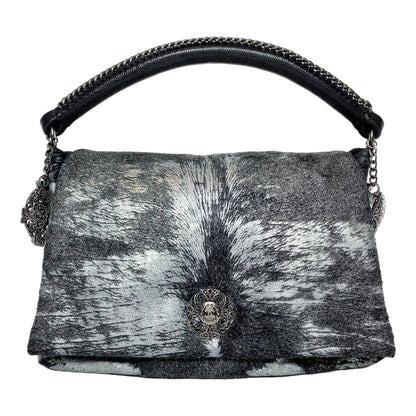 Chanel Metallic Black Gray Pony Hair Top Handle Bag