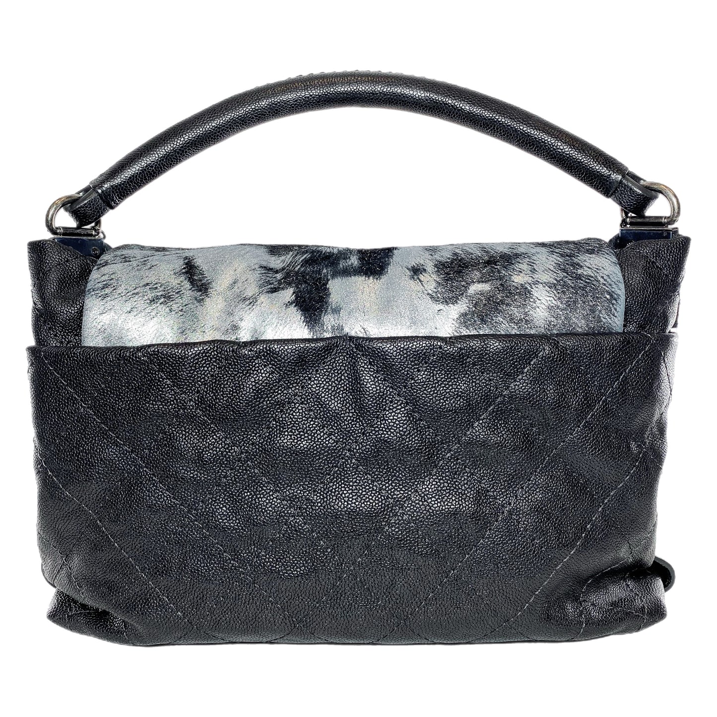 Chanel Metallic Black Gray Pony Hair Top Handle Bag