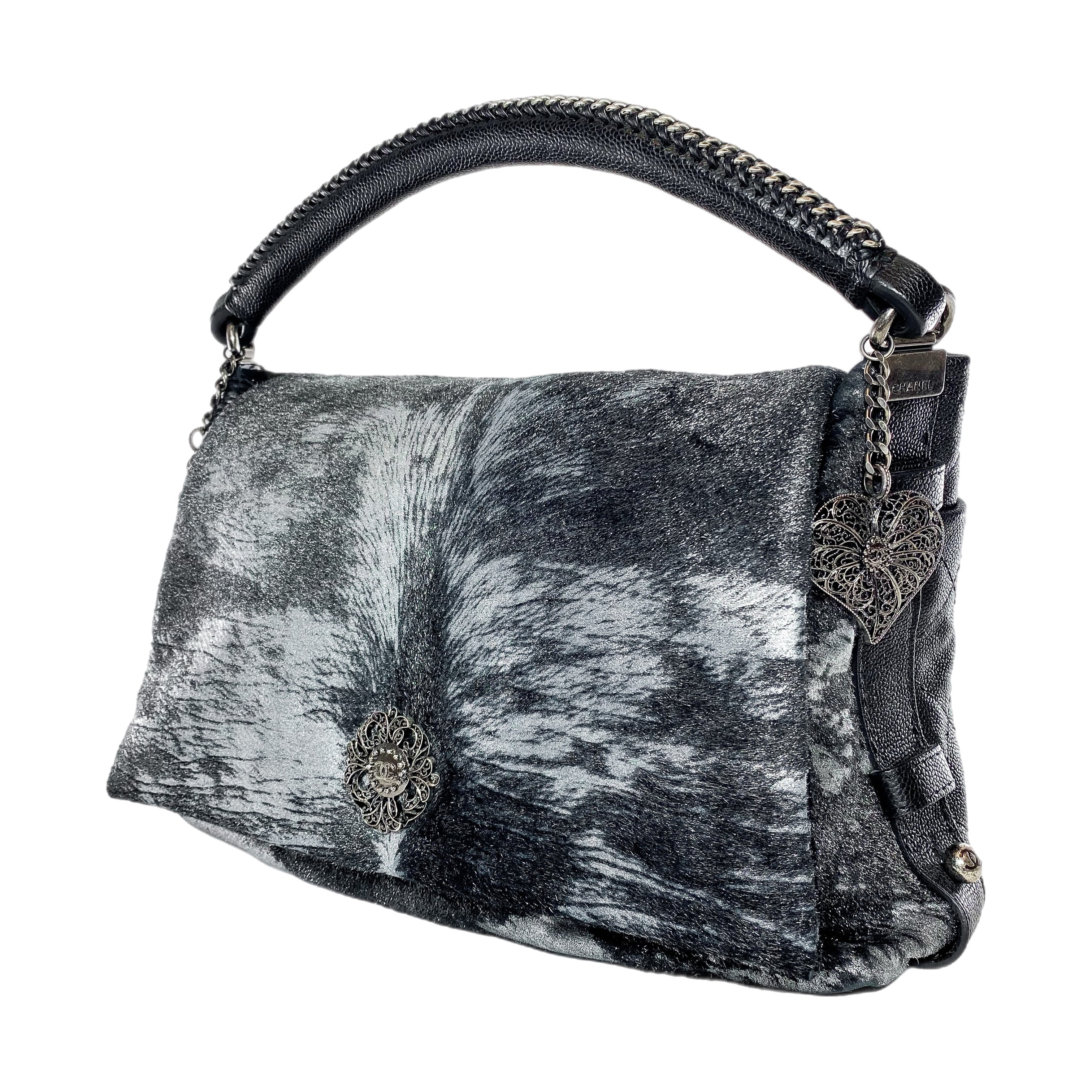 Chanel Metallic Black Gray Pony Hair Top Handle Bag