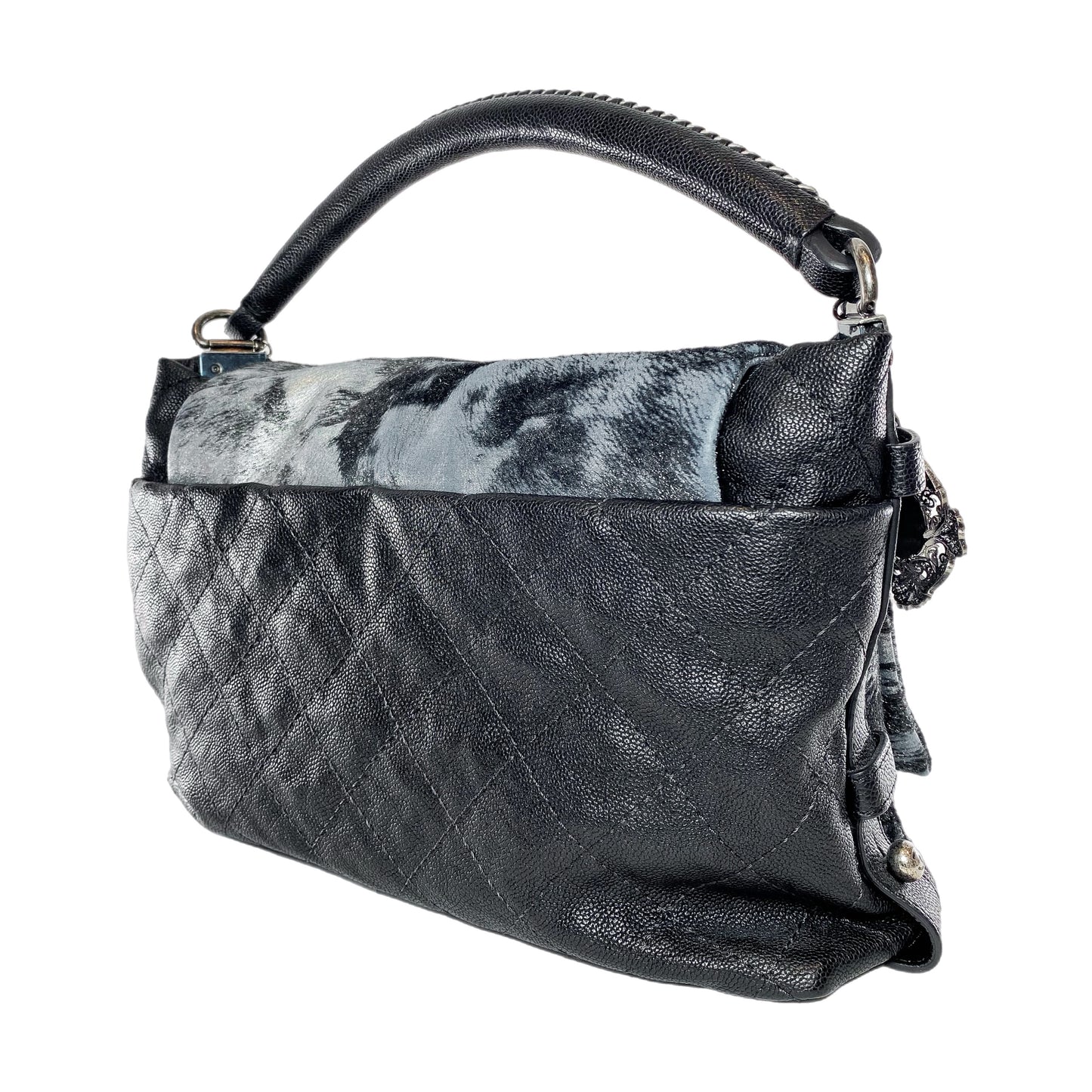 Chanel Metallic Black Gray Pony Hair Top Handle Bag