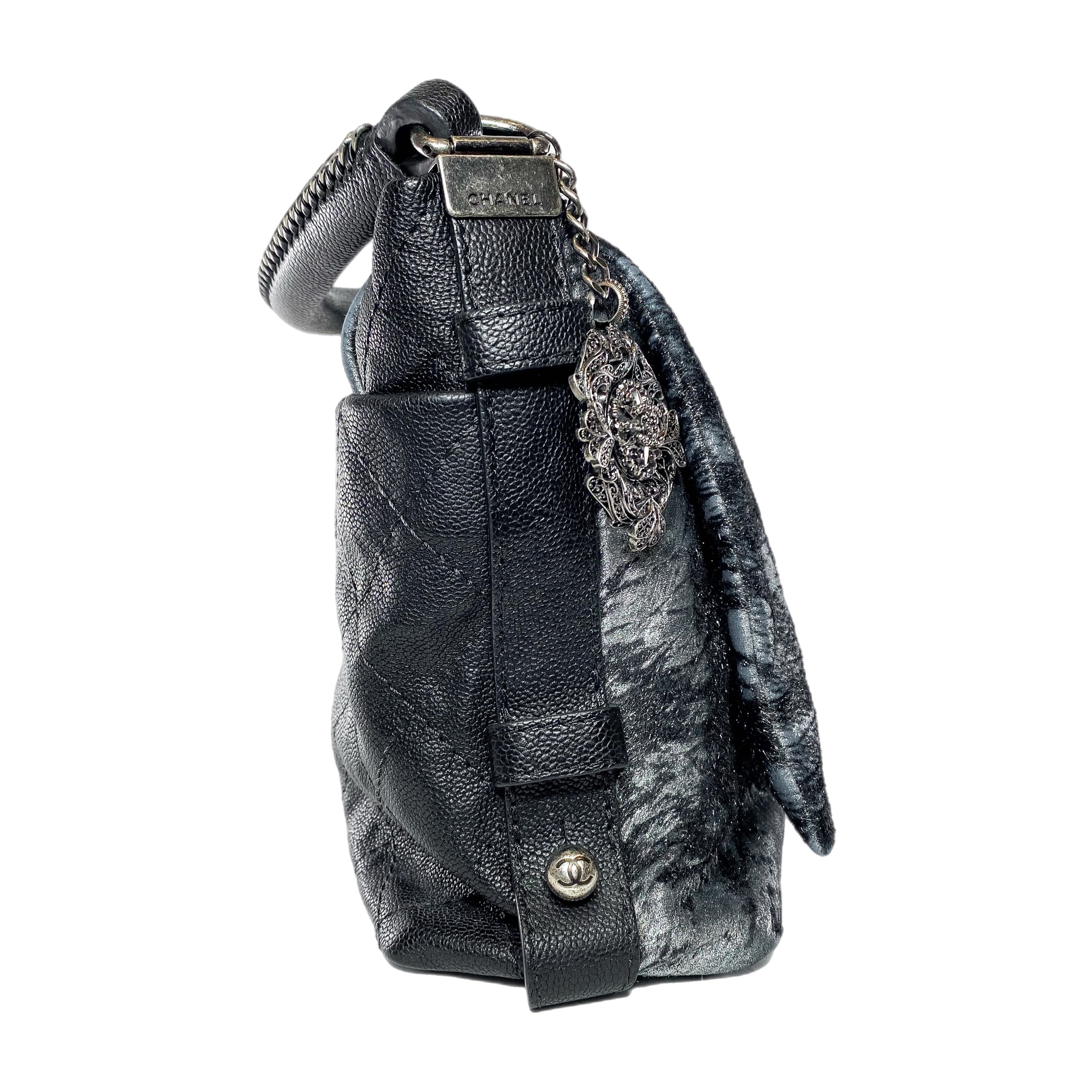 Chanel Metallic Black Gray Pony Hair Top Handle Bag