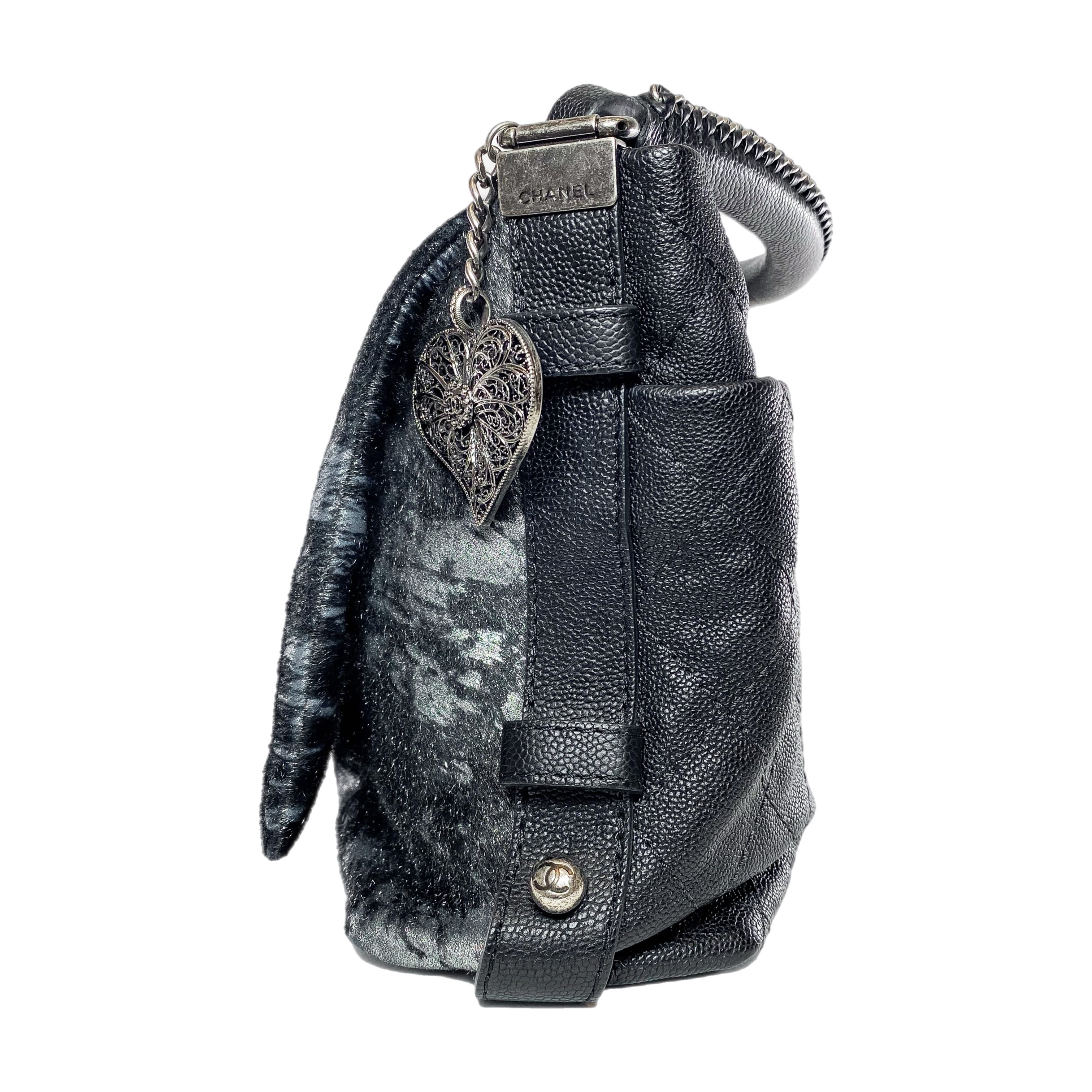 Chanel Metallic Black Gray Pony Hair Top Handle Bag