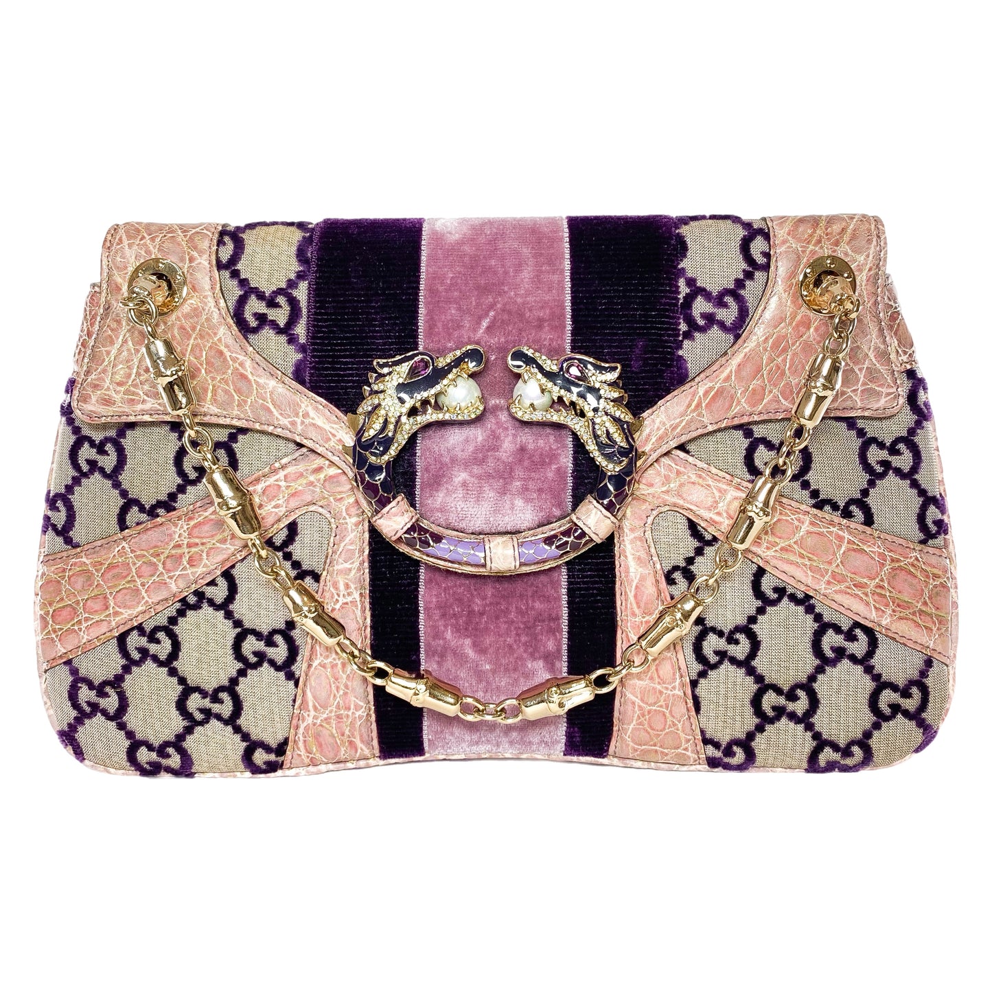 Gucci x Tom Ford Purple Monogram Crocodile Jeweled Dragon Flap Bag