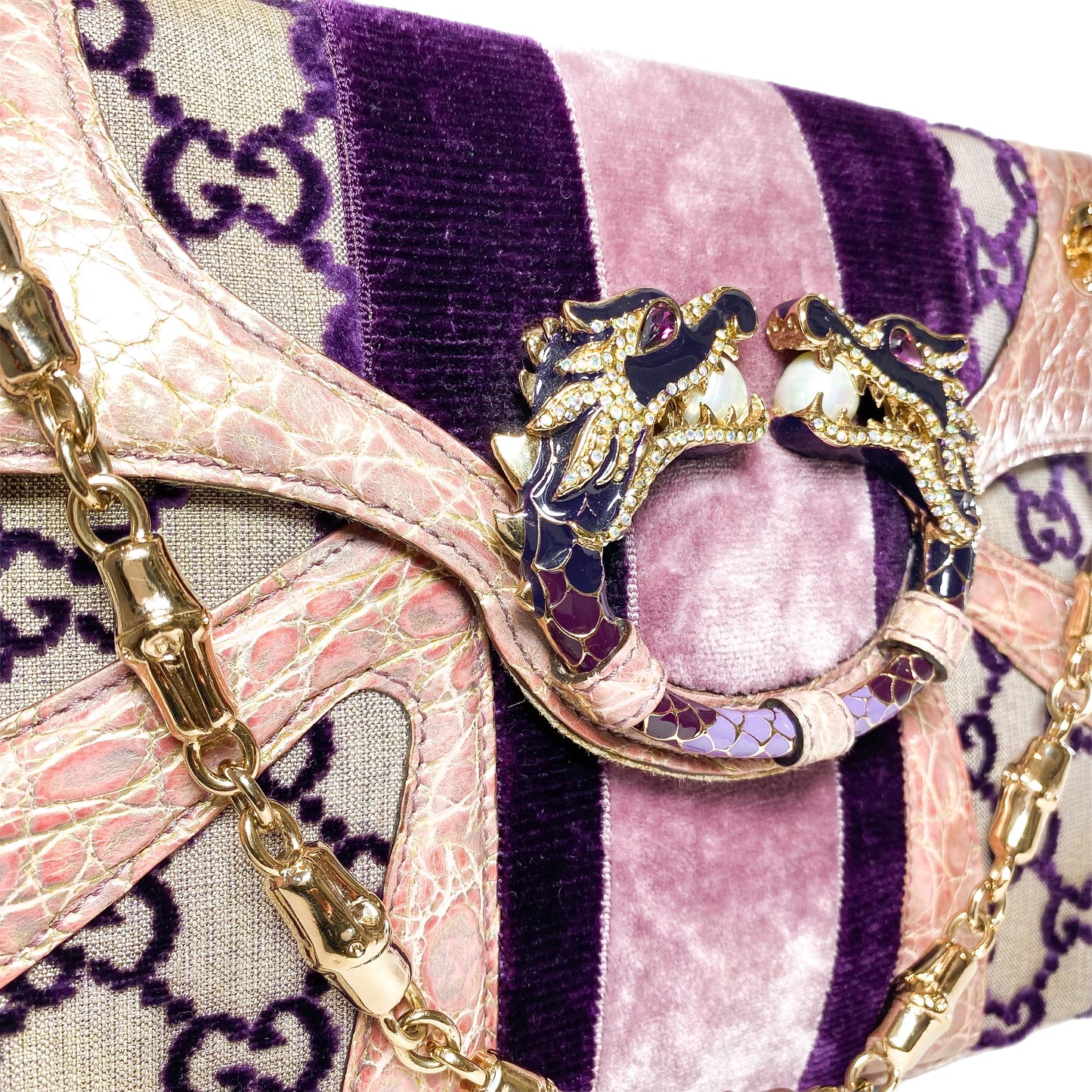 Gucci x Tom Ford Purple Monogram Crocodile Jeweled Dragon Flap Bag