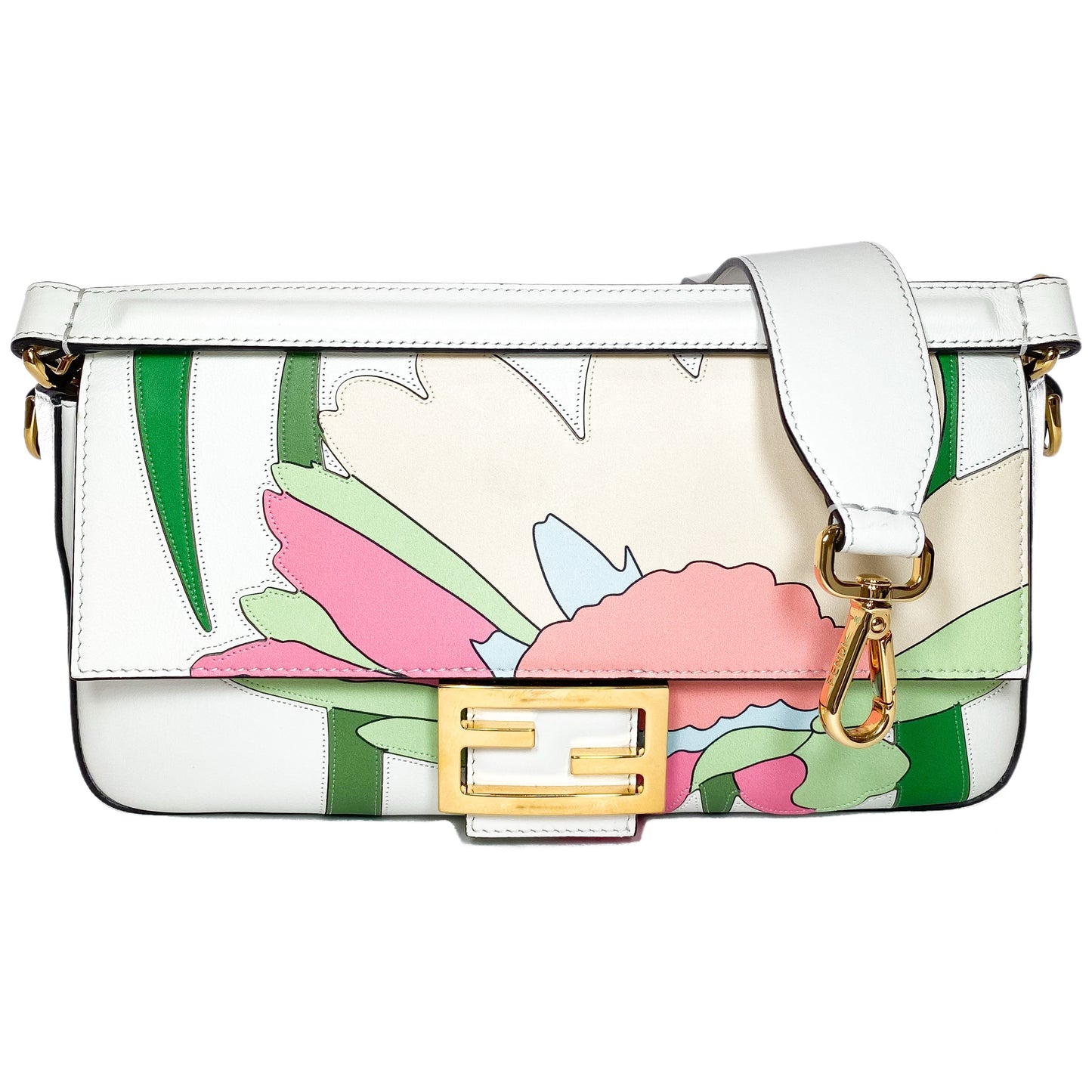 Fendi White Multicolor Daisy Inlay Baguette