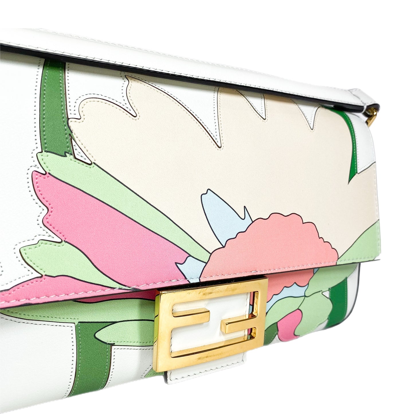 Fendi White Multicolor Daisy Inlay Baguette