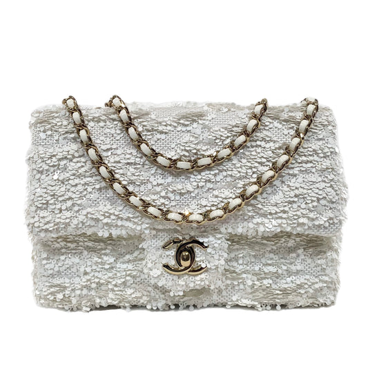 Chanel White Mini Sequin Flap Bag