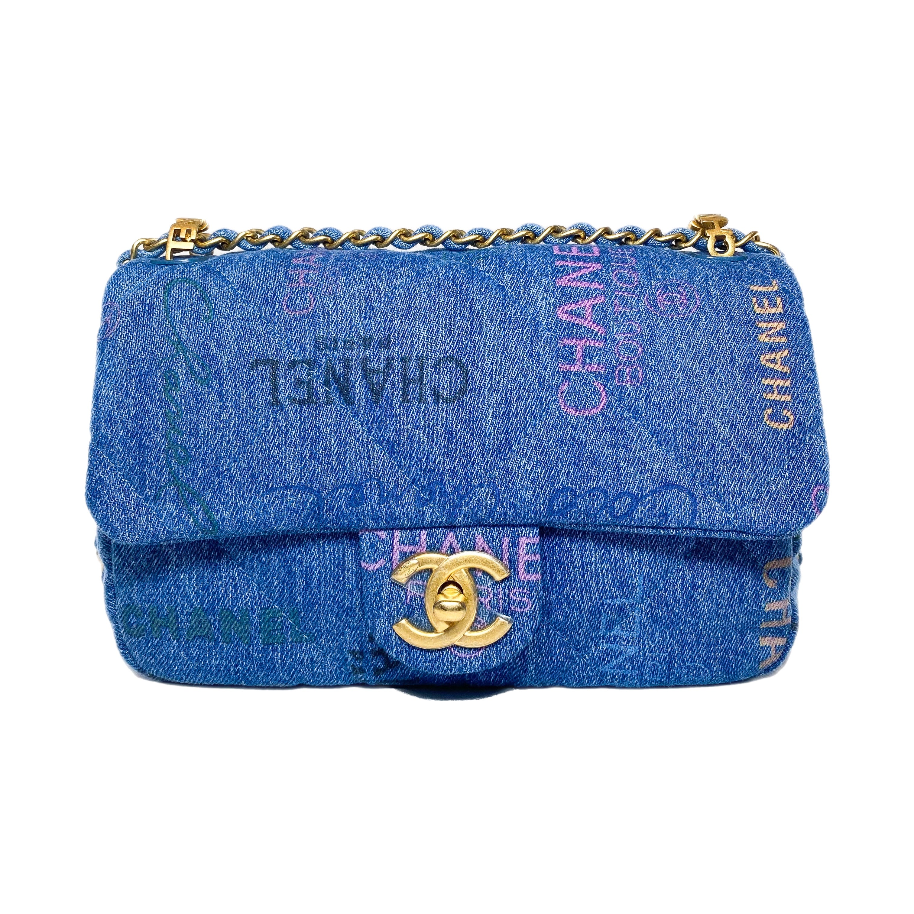 Chanel Logo Printed Denim Mood Rectangular Flap Bag