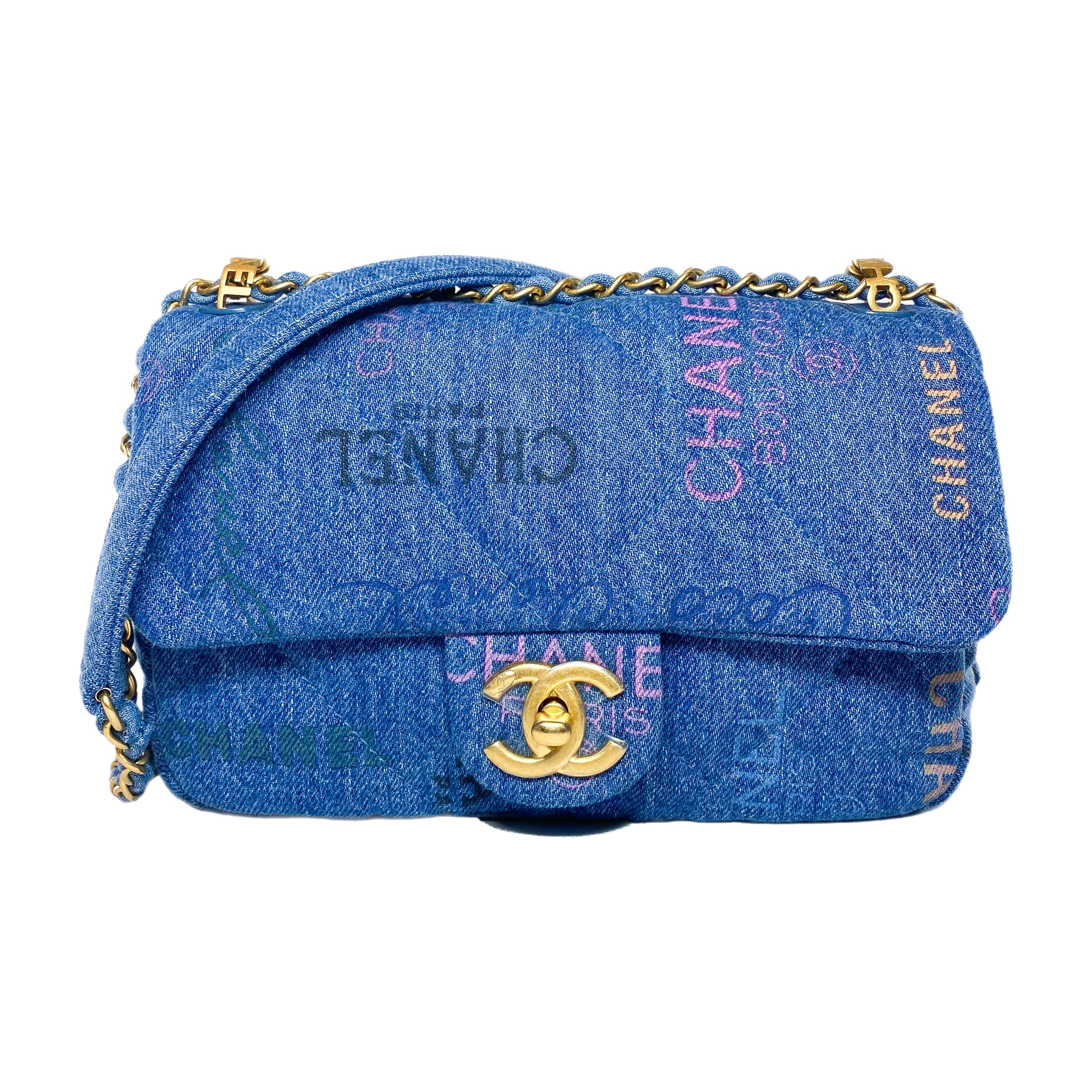 Chanel Logo Printed Denim Mood Rectangular Flap Bag