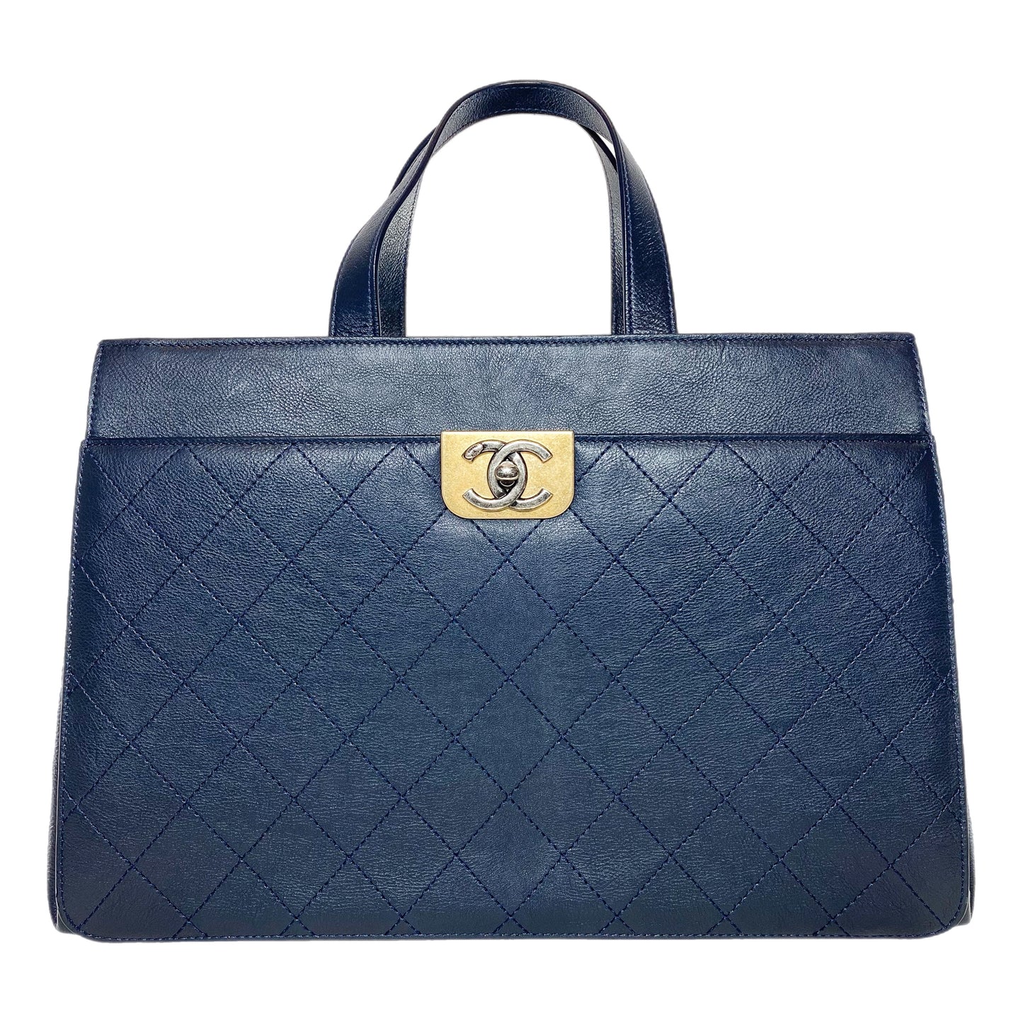 Chanel Large Navy Stitched Straight Lines Shopping Tote