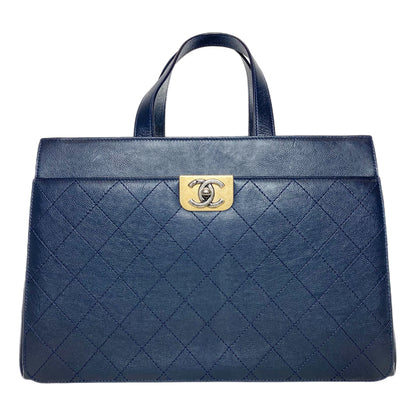 Chanel Large Navy Stitched Straight Lines Shopping Tote