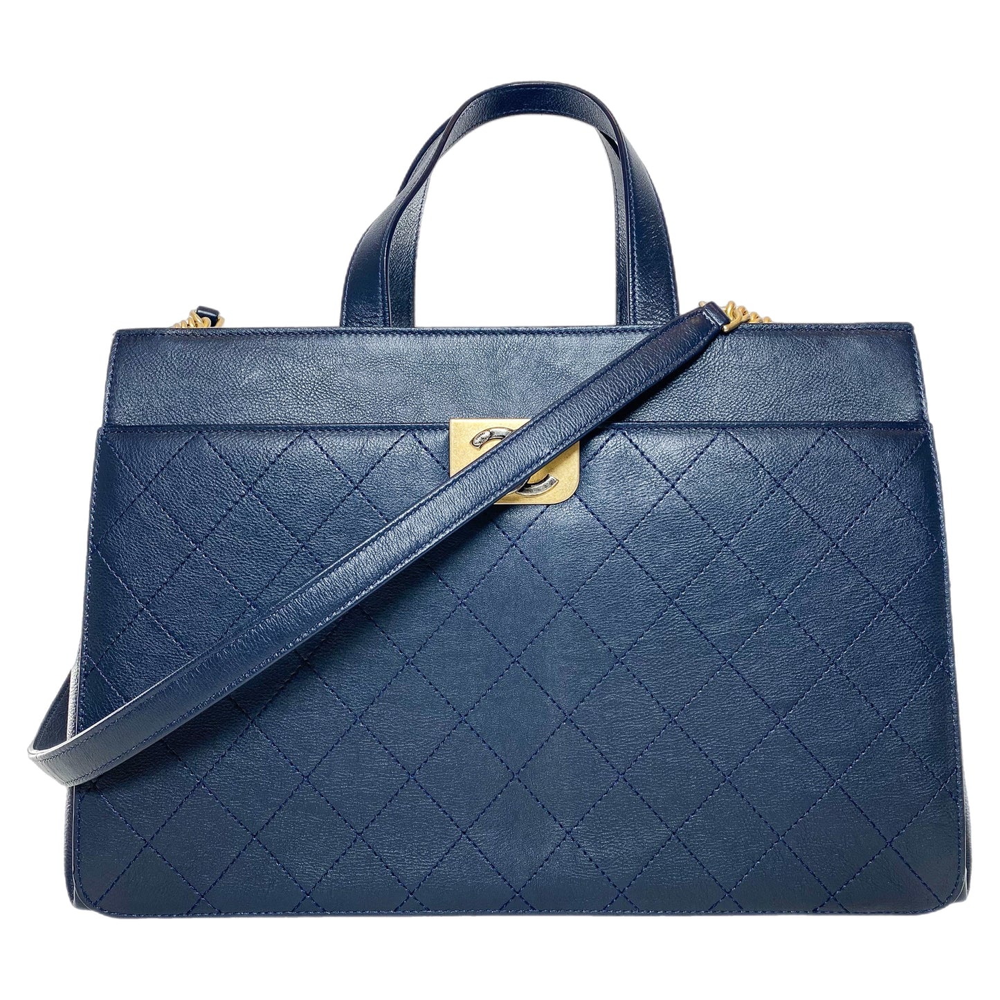 Chanel Large Navy Stitched Straight Lines Shopping Tote