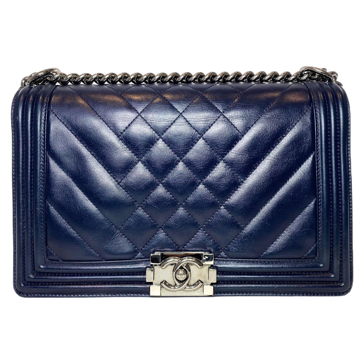 Chanel Navy Chevron Quilted Medium Boy Bag