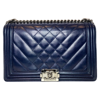 Chanel Navy Chevron Quilted Medium Boy Bag