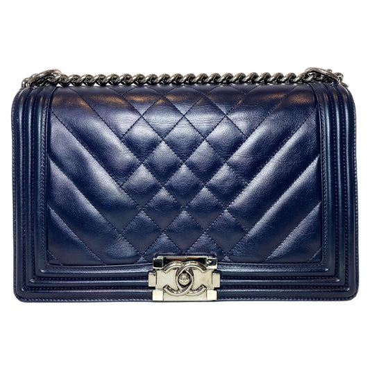 Chanel Navy Chevron Quilted Medium Boy Bag