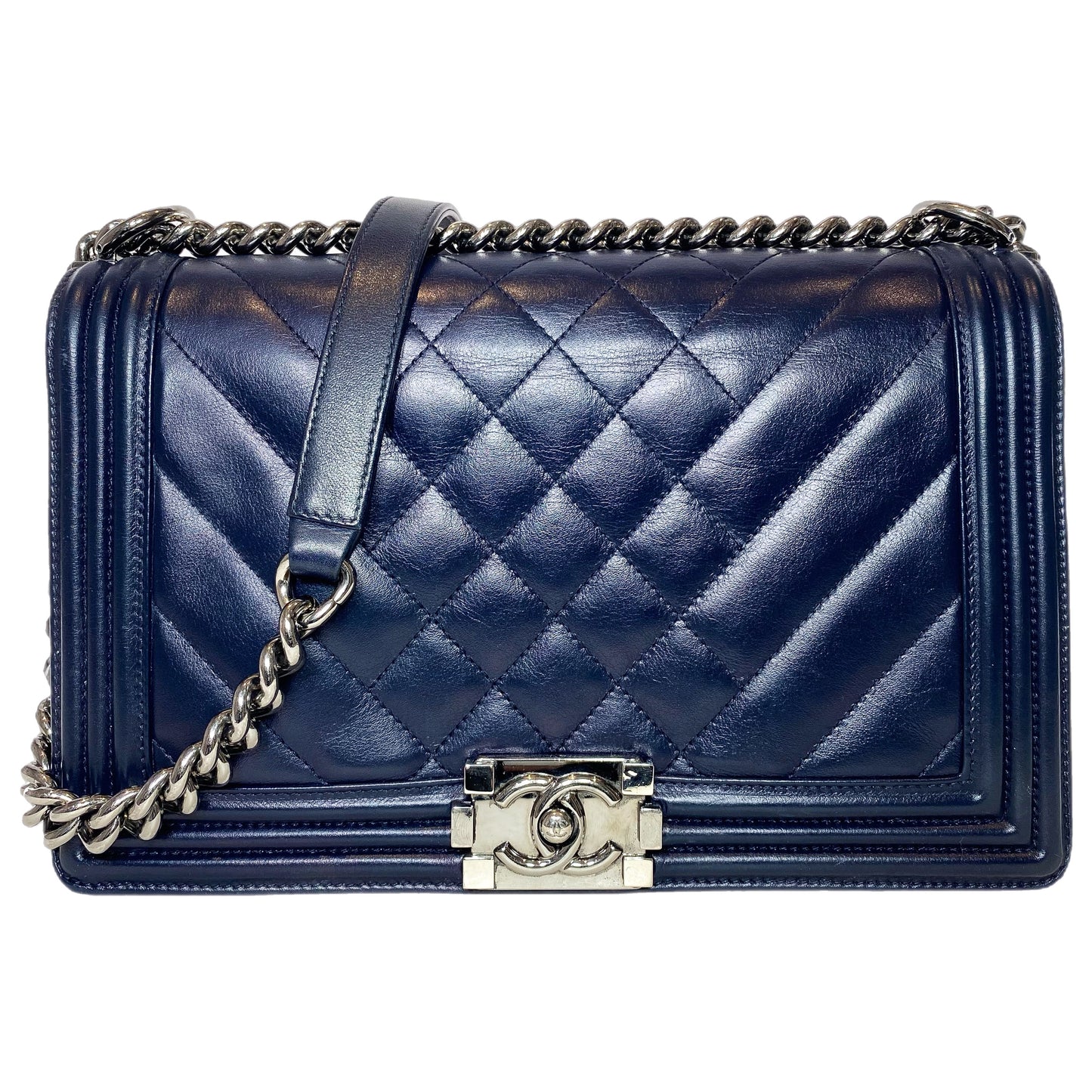 Chanel Navy Chevron Quilted Medium Boy Bag