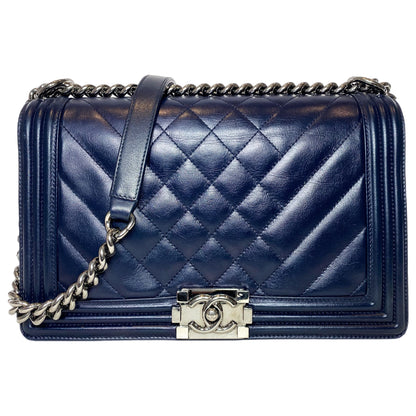 Chanel Navy Chevron Quilted Medium Boy Bag