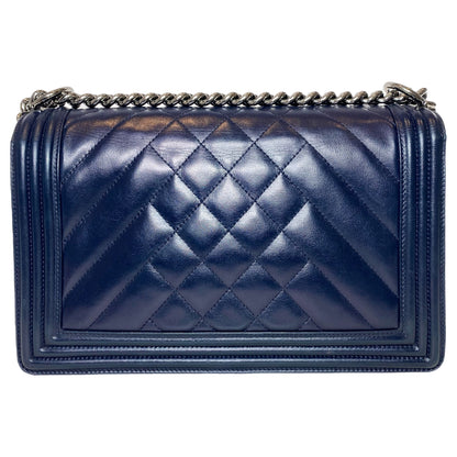 Chanel Navy Chevron Quilted Medium Boy Bag