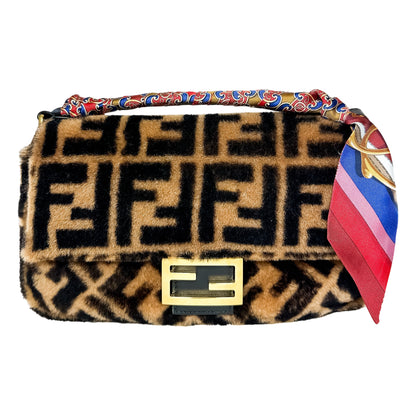 Fendi Tobacco Black Shearling Dolce Macro FF 1974 Baguette