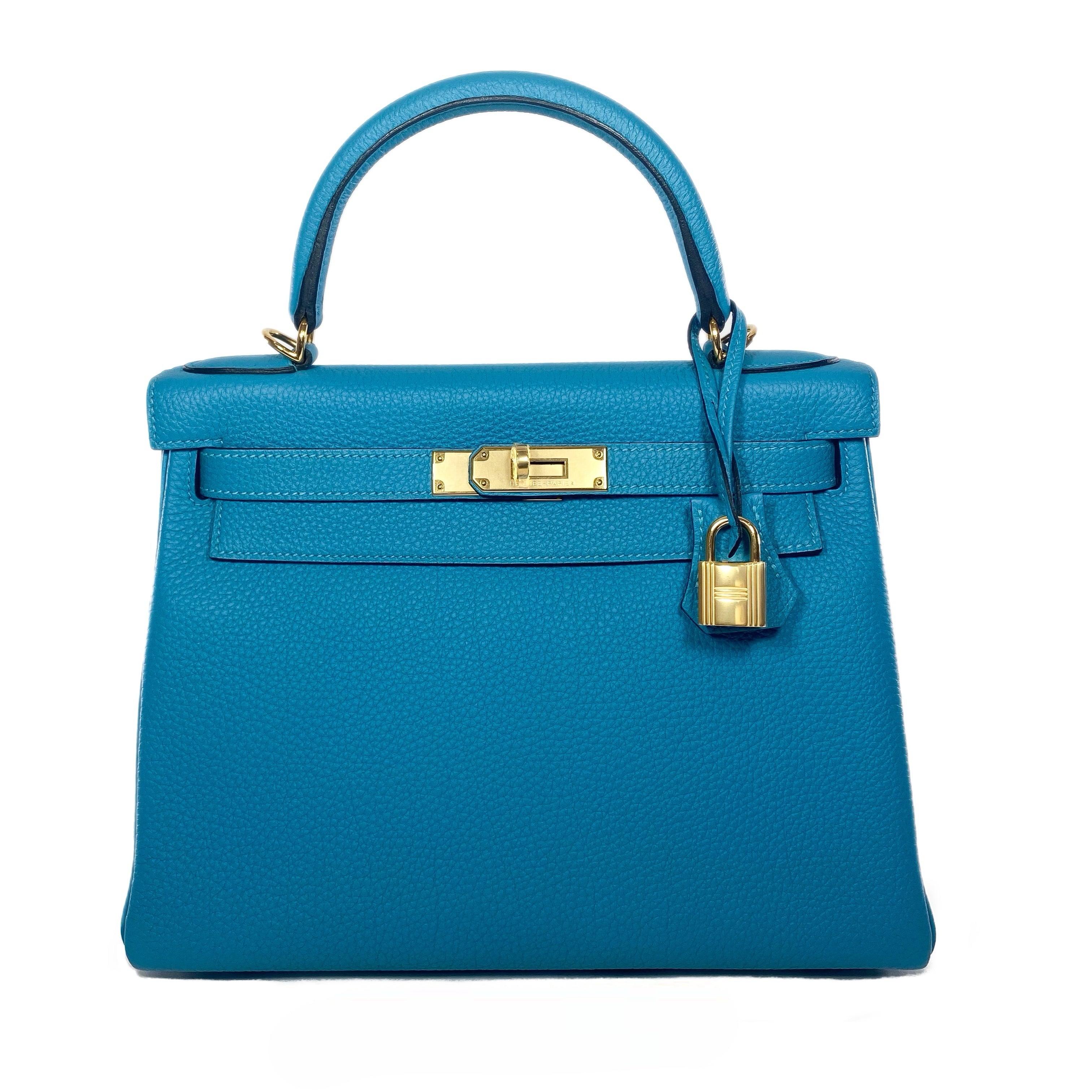 Hermes Kelly 28 Turquoise Togo Gold Hardware