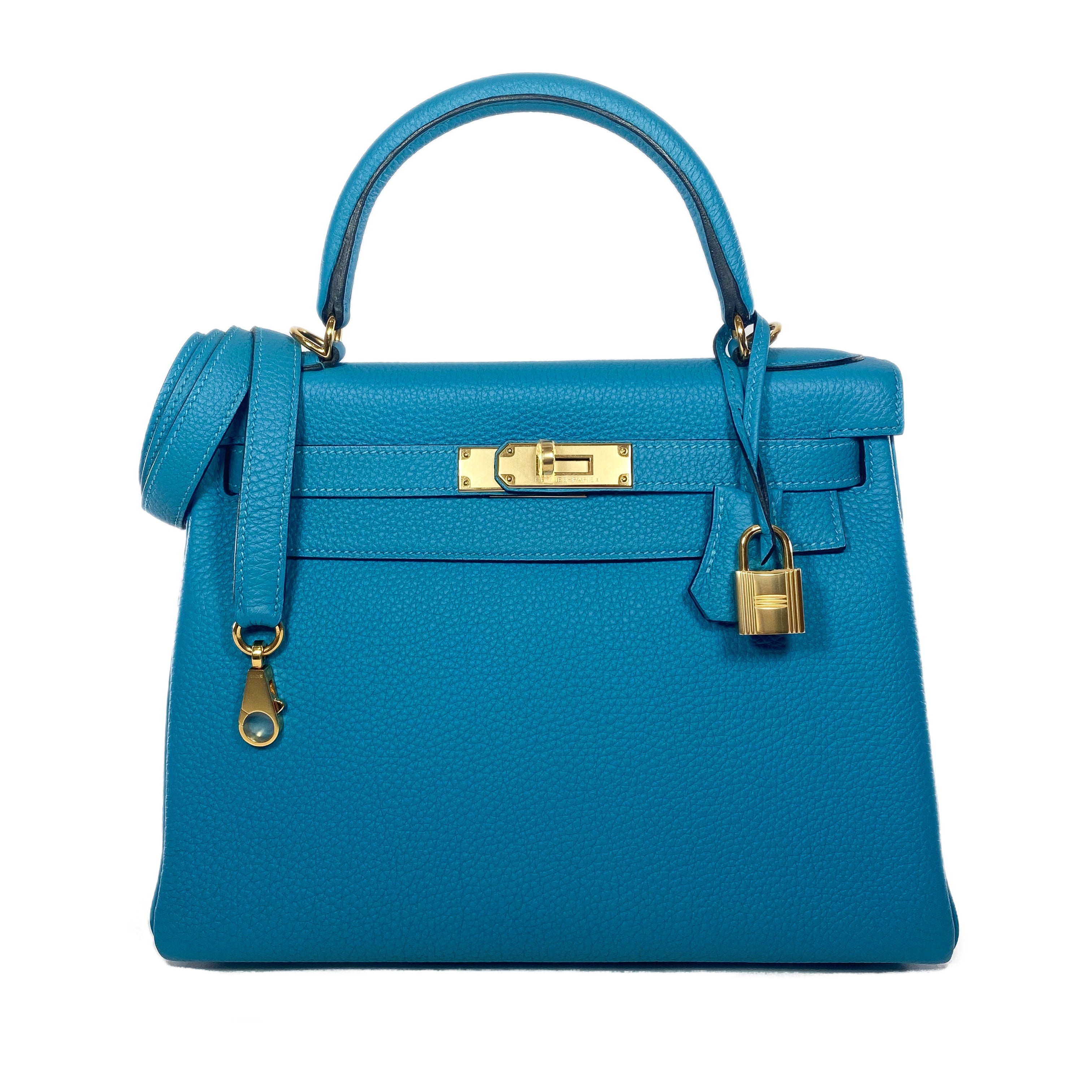 Hermes Kelly 28 Turquoise Togo Gold Hardware