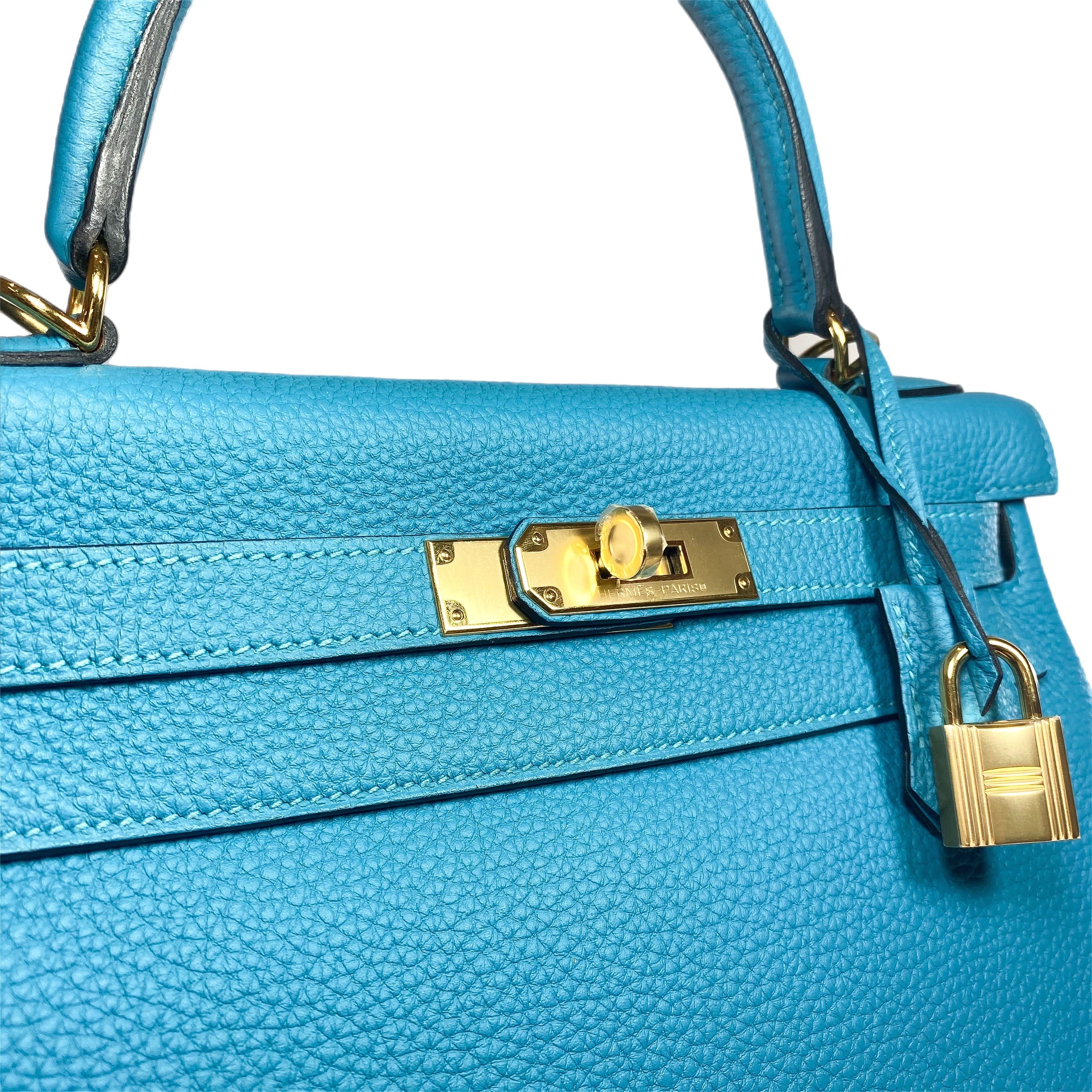 Hermes Kelly 28 Turquoise Togo Gold Hardware