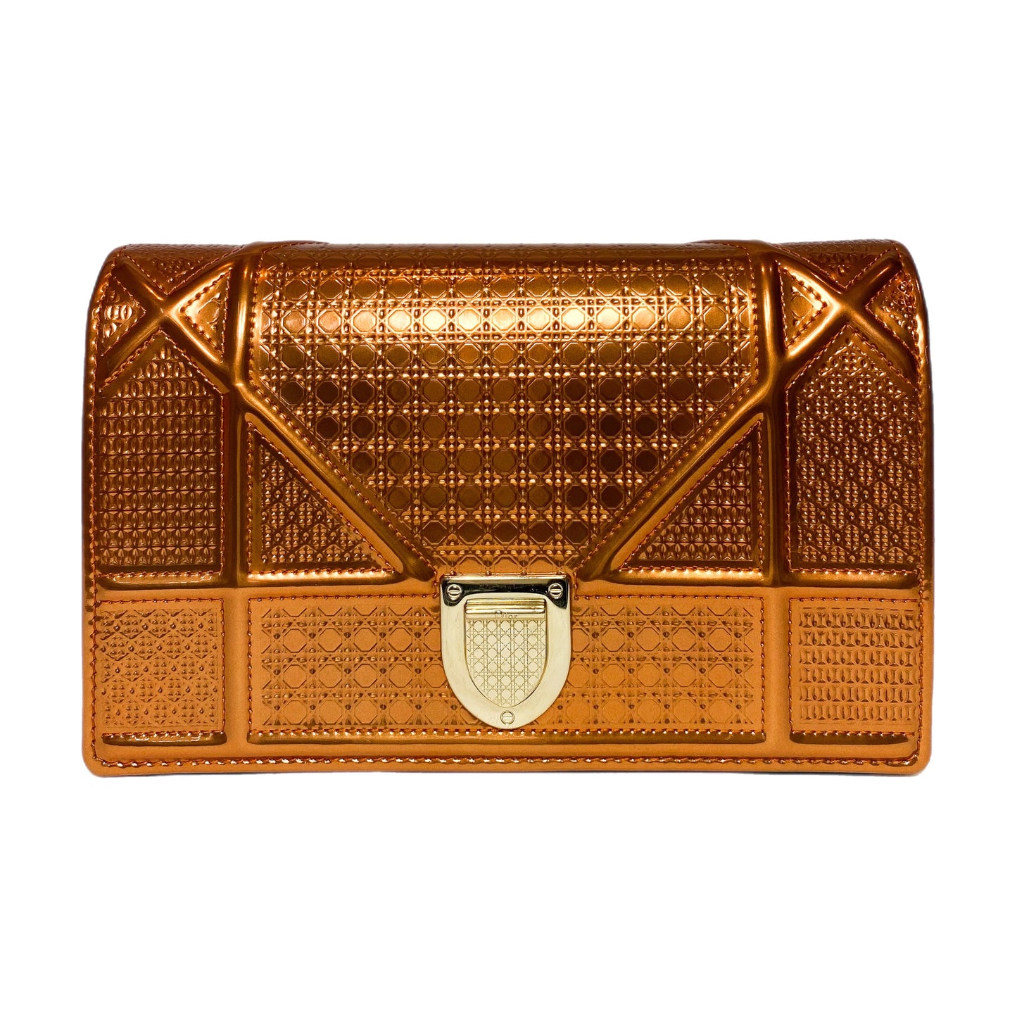 Dior Metallic Patent Copper Micro-Cannage Diorama Wallet on Chain