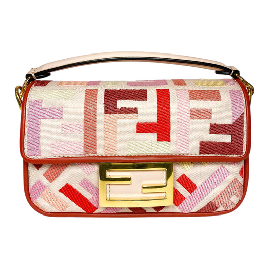 Fendi Rosa Quarzo Bloody Mary Multicolor FF Embroidered Mini Baguette