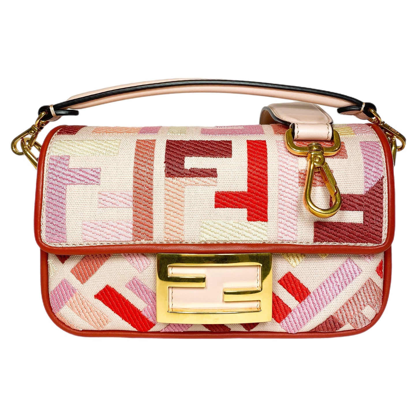 Fendi Rosa Quarzo Bloody Mary Multicolor FF Embroidered Mini Baguette