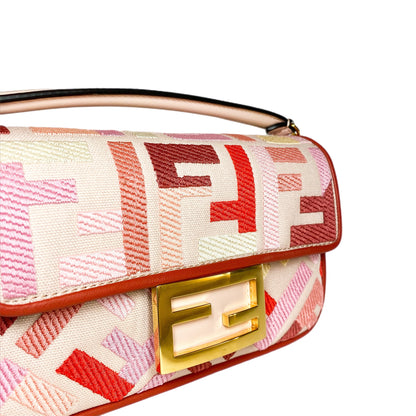 Fendi Rosa Quarzo Bloody Mary Multicolor FF Embroidered Mini Baguette