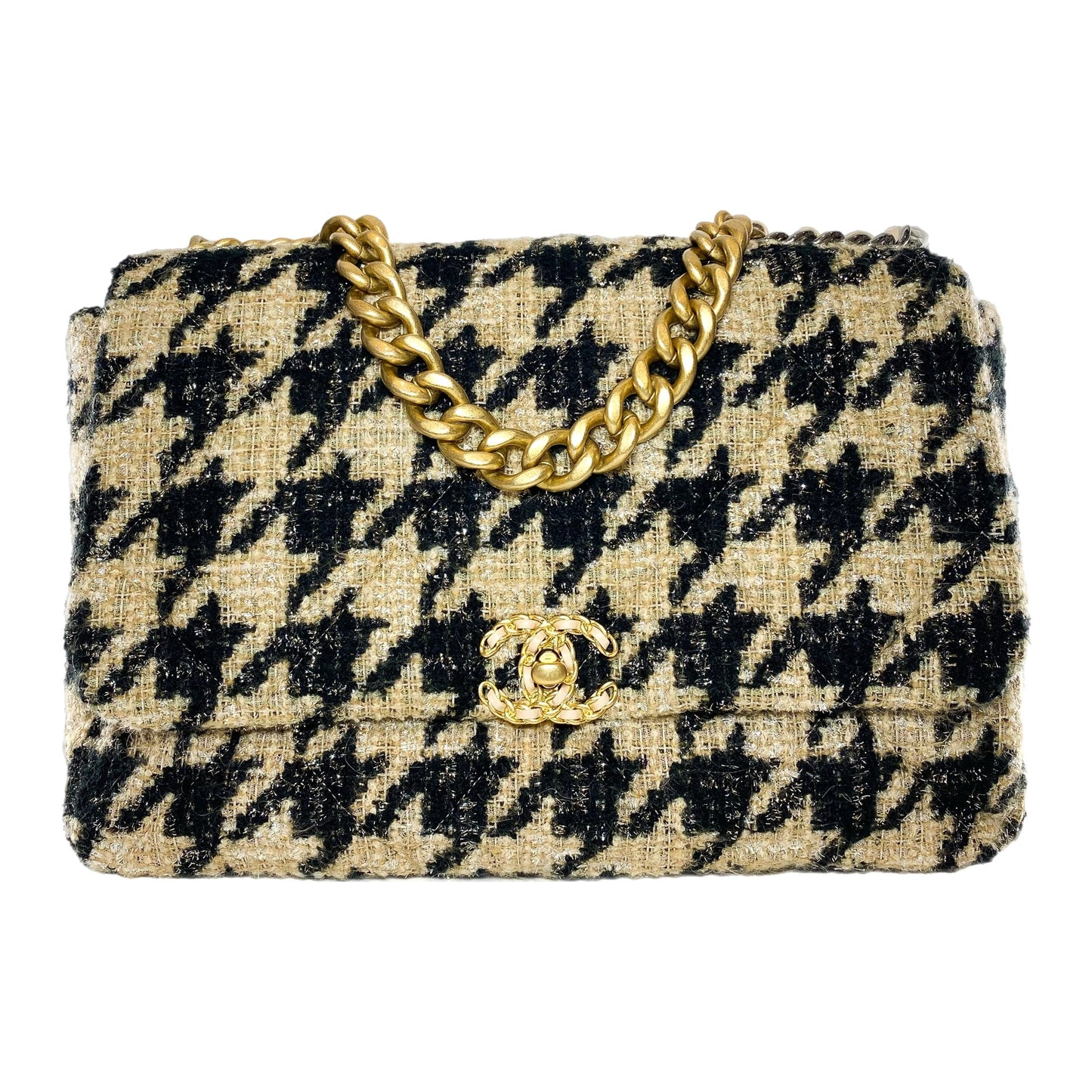 Chanel 19 Black Beige Houndstooth Tweed Maxi Flap Bag