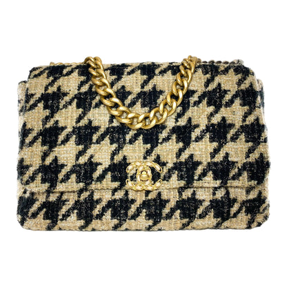 Chanel 19 Black Beige Houndstooth Tweed Maxi Flap Bag
