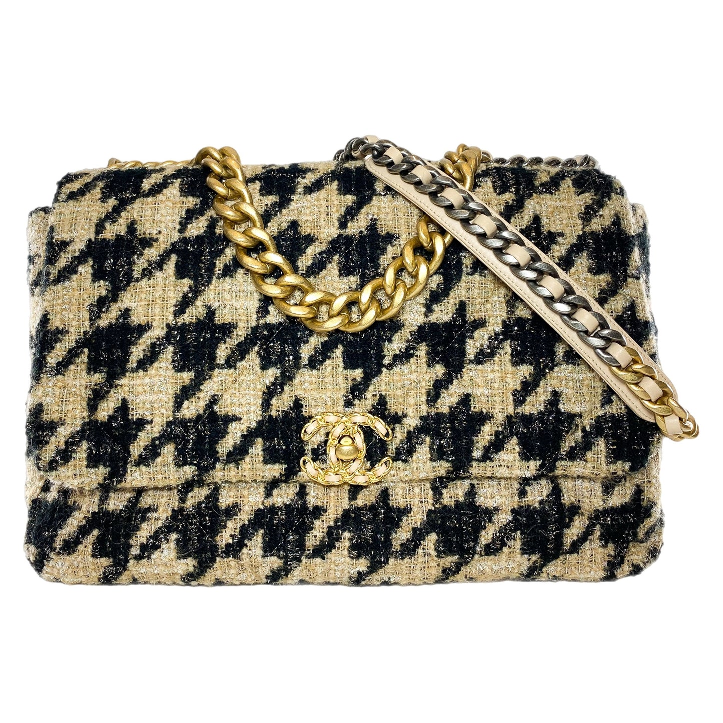 Chanel 19 Black Beige Houndstooth Tweed Maxi Flap Bag