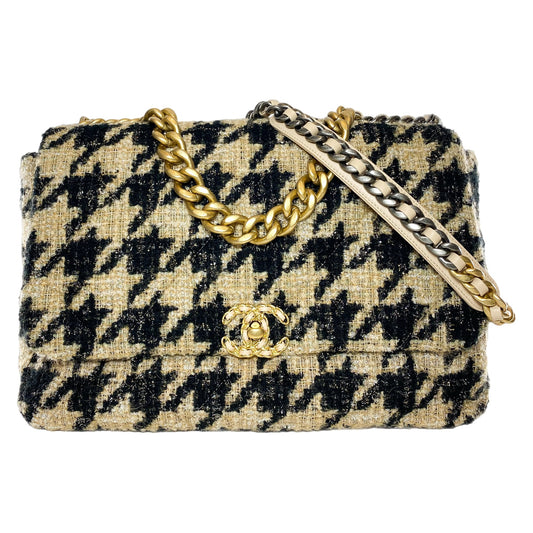 Chanel 19 Black Beige Houndstooth Tweed Maxi Flap Bag