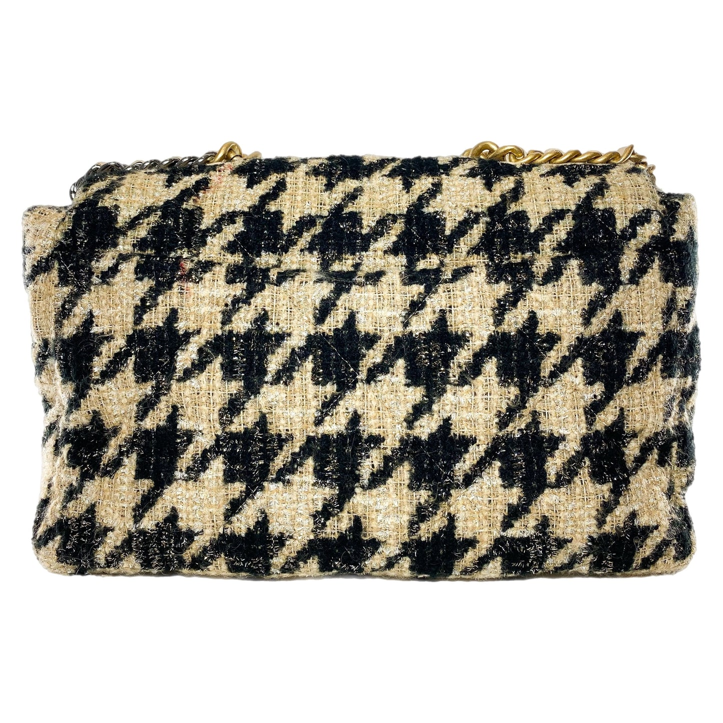 Chanel 19 Black Beige Houndstooth Tweed Maxi Flap Bag