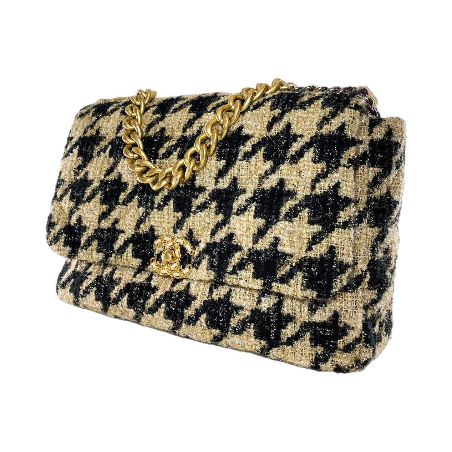Chanel 19 Black Beige Houndstooth Tweed Maxi Flap Bag