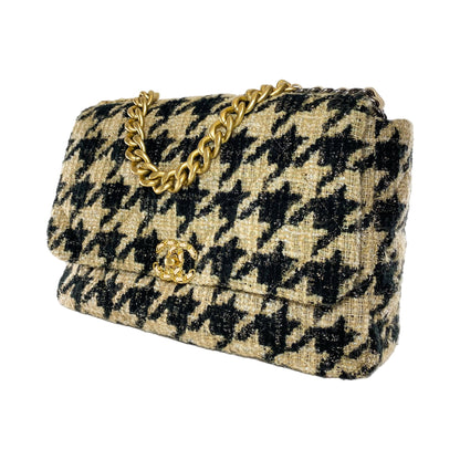Chanel 19 Black Beige Houndstooth Tweed Maxi Flap Bag