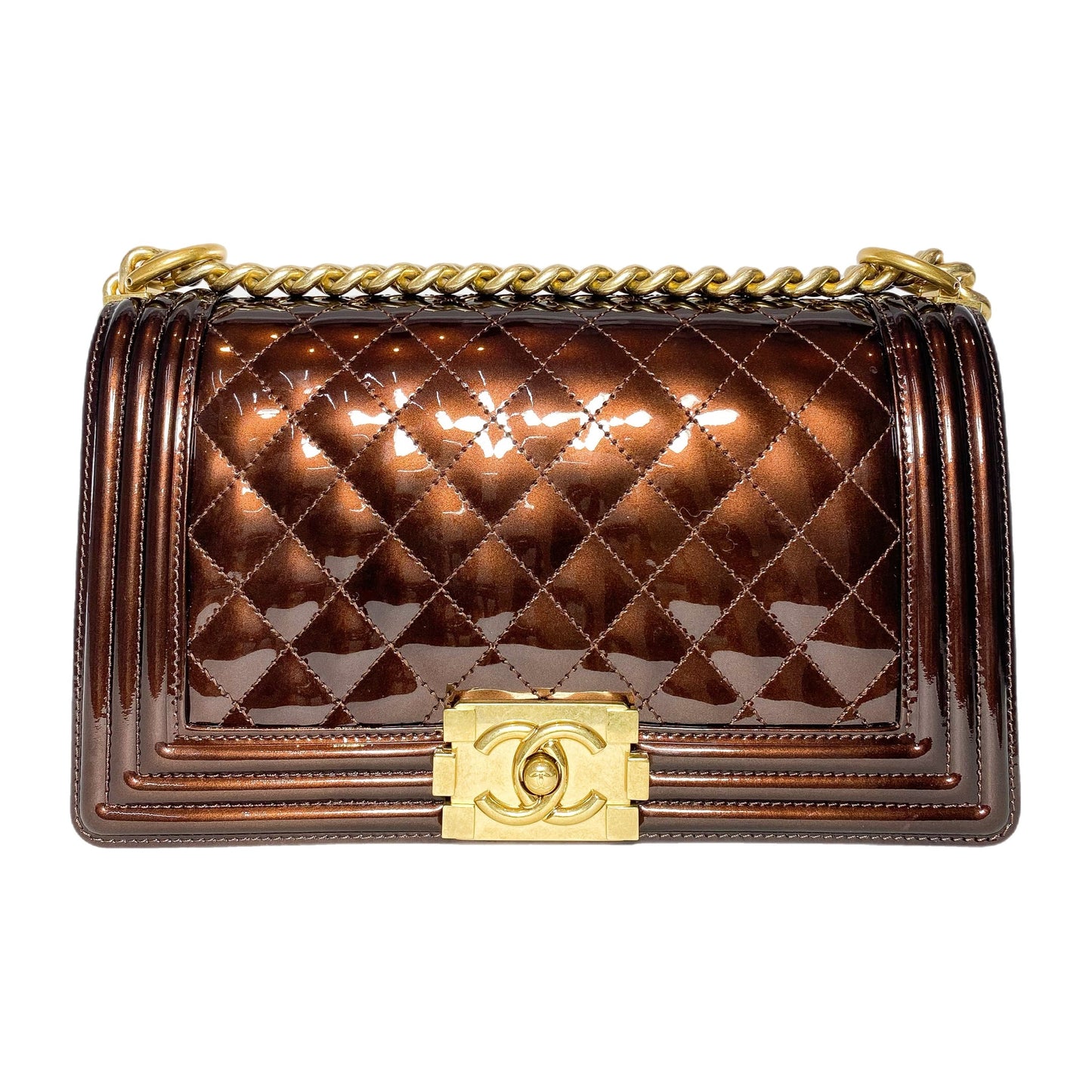 Chanel Bronze Patent Quilted Old Medium Boy Bag
