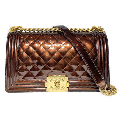Chanel Bronze Patent Quilted Old Medium Boy Bag