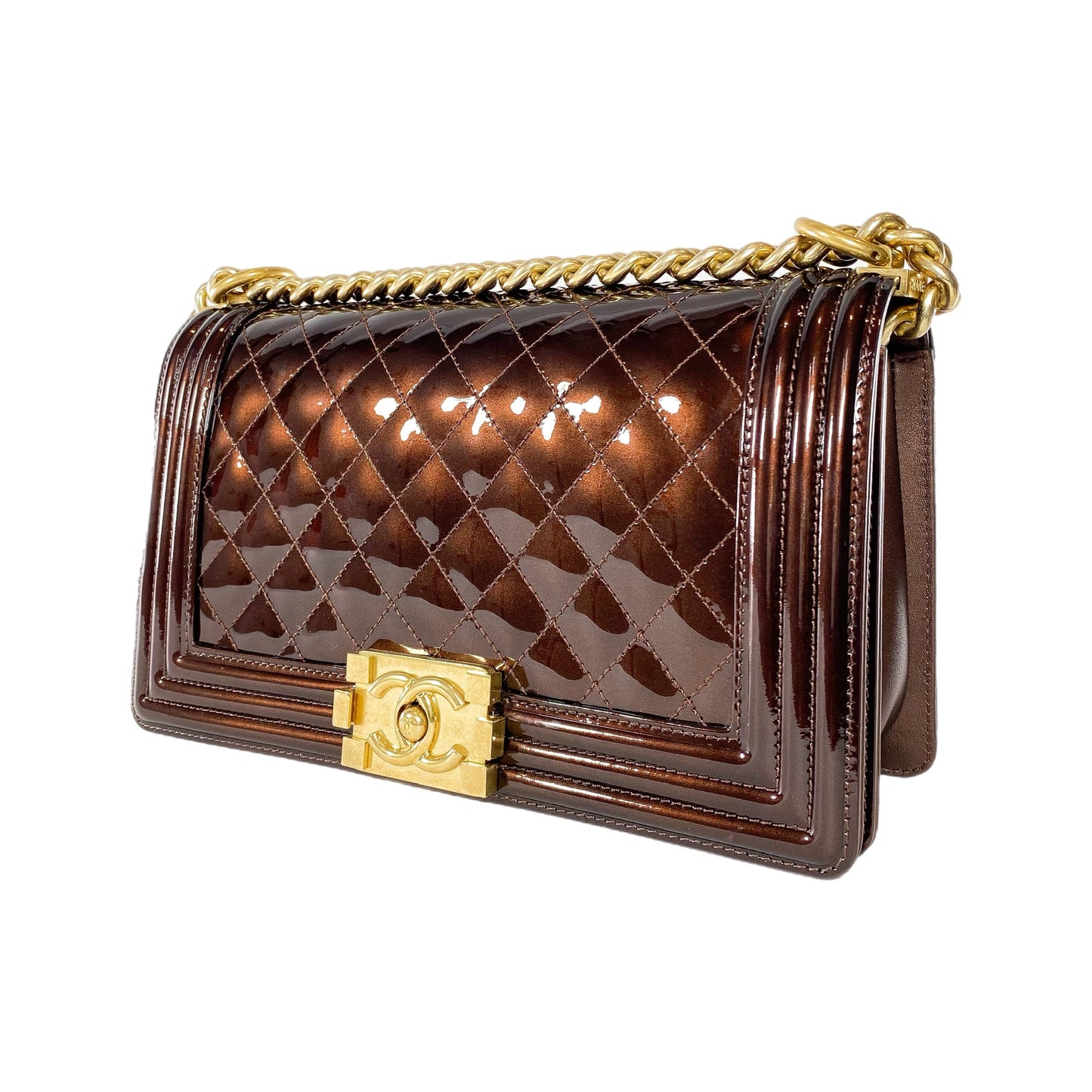 Chanel Bronze Patent Quilted Old Medium Boy Bag