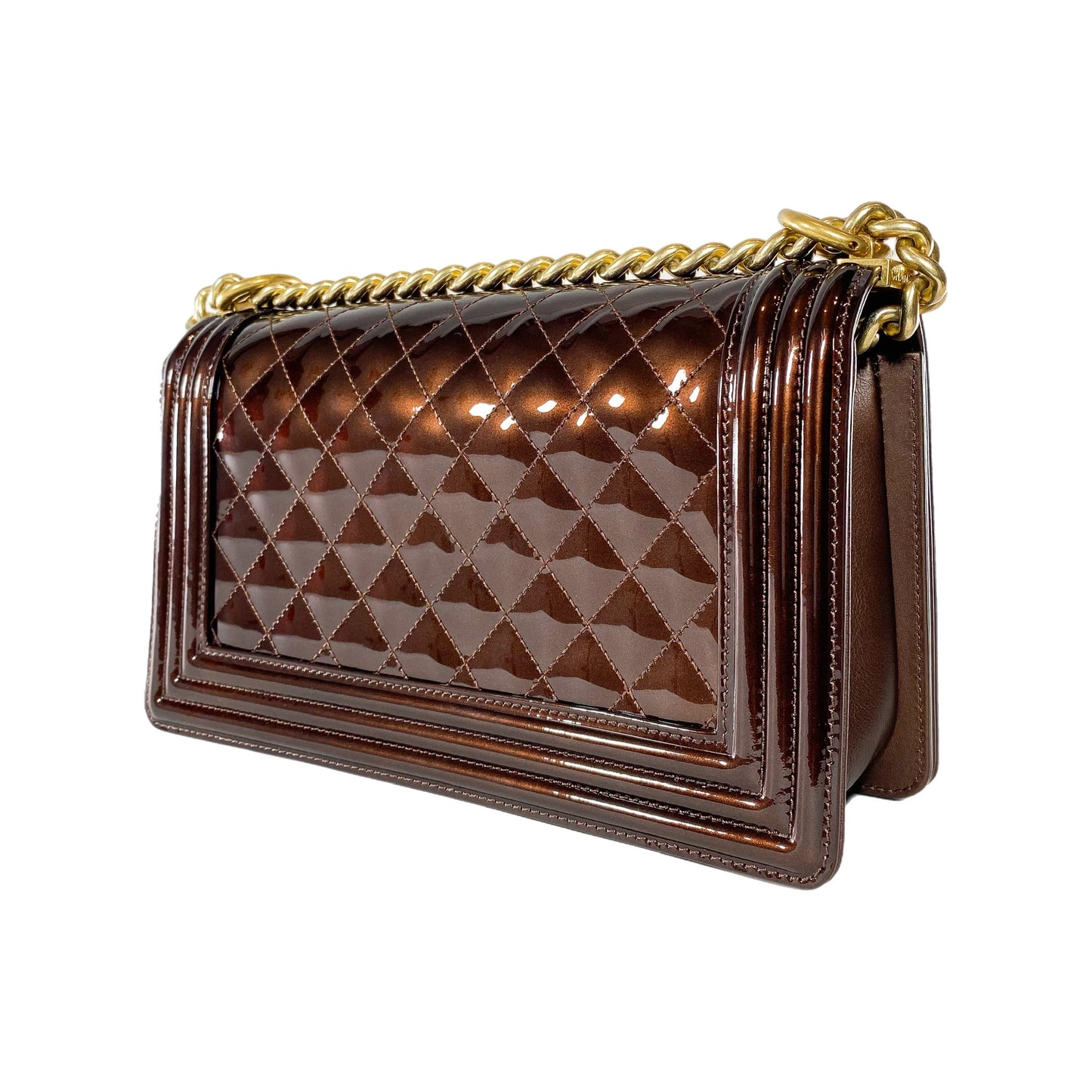 Chanel Bronze Patent Quilted Old Medium Boy Bag