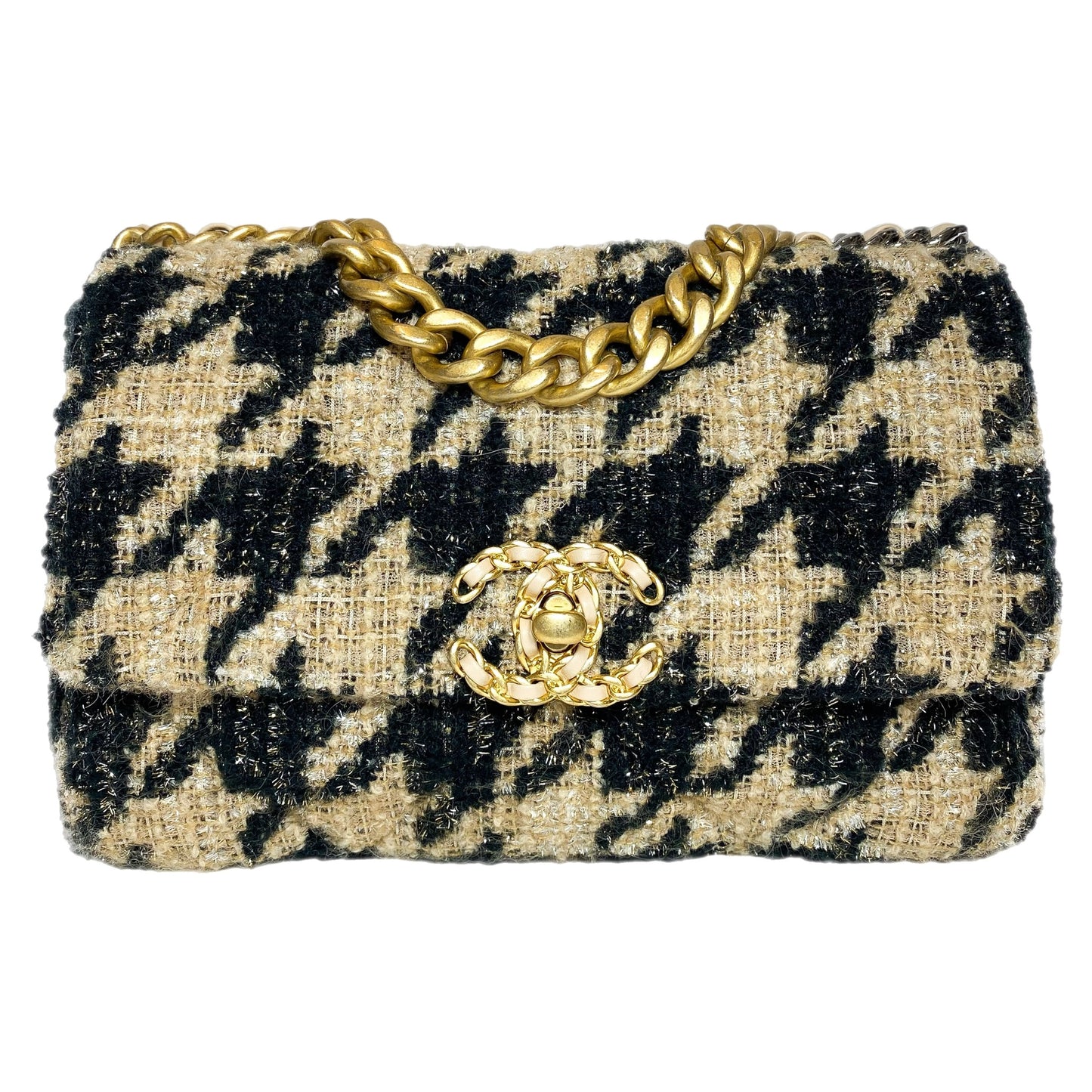 Chanel 19 Black Beige Houndstooth Tweed Flap Bag