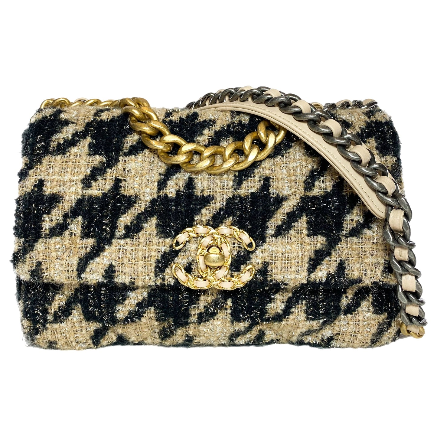 Chanel 19 Black Beige Houndstooth Tweed Flap Bag