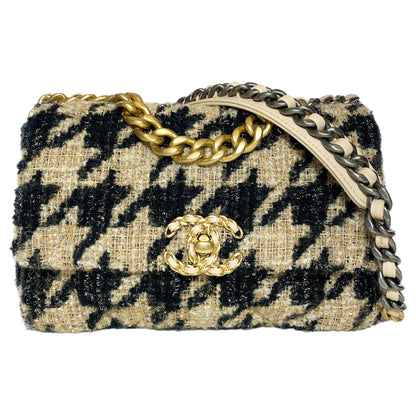 Chanel 19 Black Beige Houndstooth Tweed Flap Bag