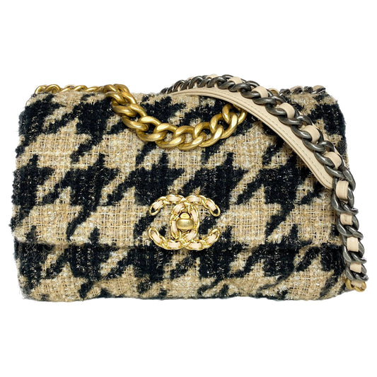 Chanel 19 Black Beige Houndstooth Tweed Flap Bag