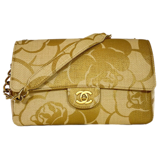 Chanel Camellia Print Medium Raffia Flap Bag